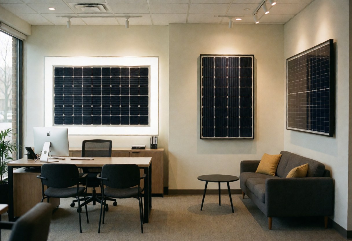Bright modern office interior featuring white walls, a gray sofa with yellow cushions, and solar panels visible through the window.