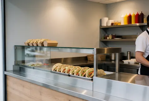 A clean stainless steel service counter in a fast food restaurant, ready for food preparation and customer orders