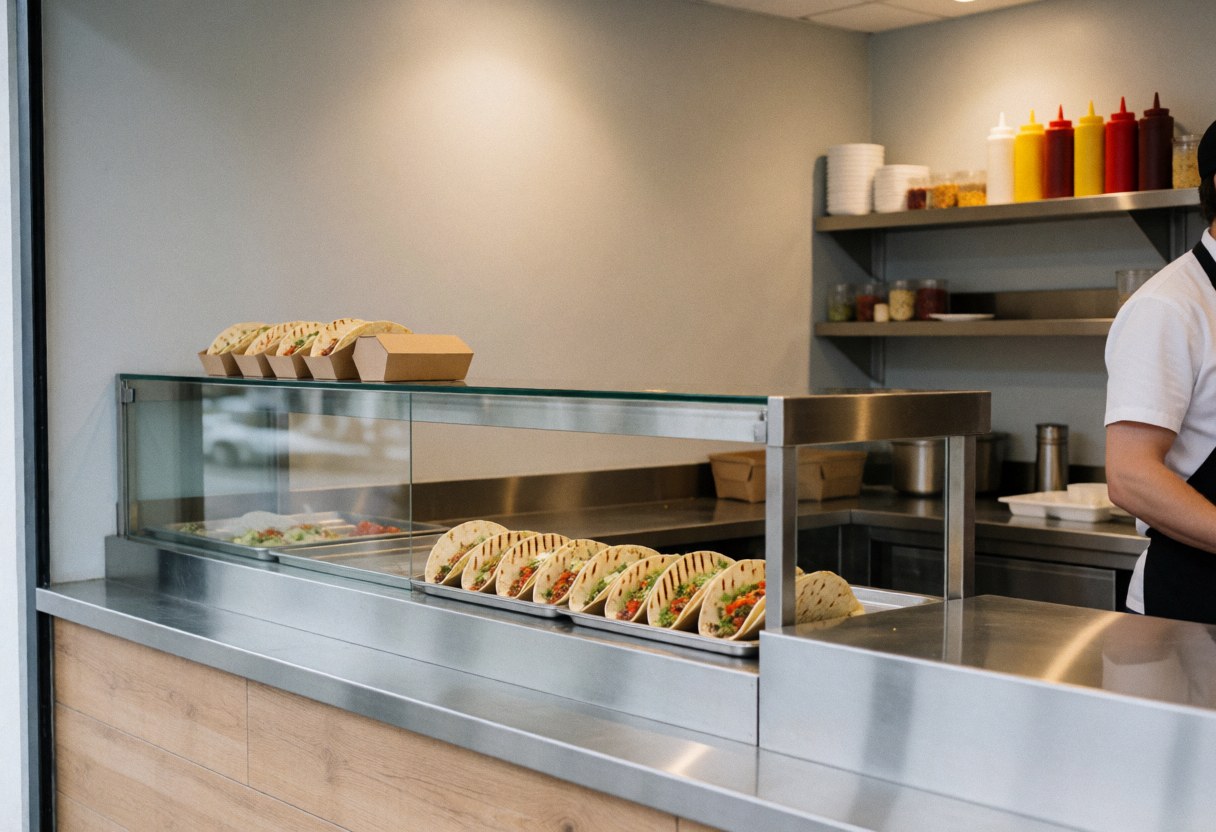 A clean stainless steel service counter in a fast food restaurant, ready for food preparation and customer orders