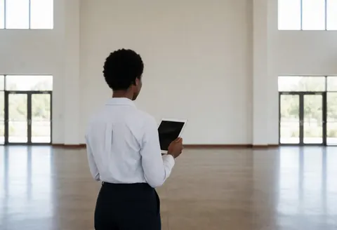 Event planner holding a tablet while inspecting a spacious empty hall with polished floors and tall windows, ideal for weddings and corporate events.