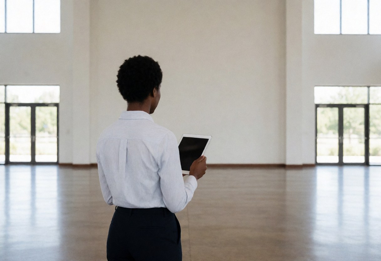 Event planner holding a tablet while inspecting a spacious empty hall with polished floors and tall windows, ideal for weddings and corporate events.