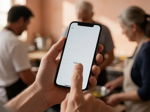 Close-up of a hand holding a smartphone displaying an order app in a warmly lit kitchen with blurred people working in the background