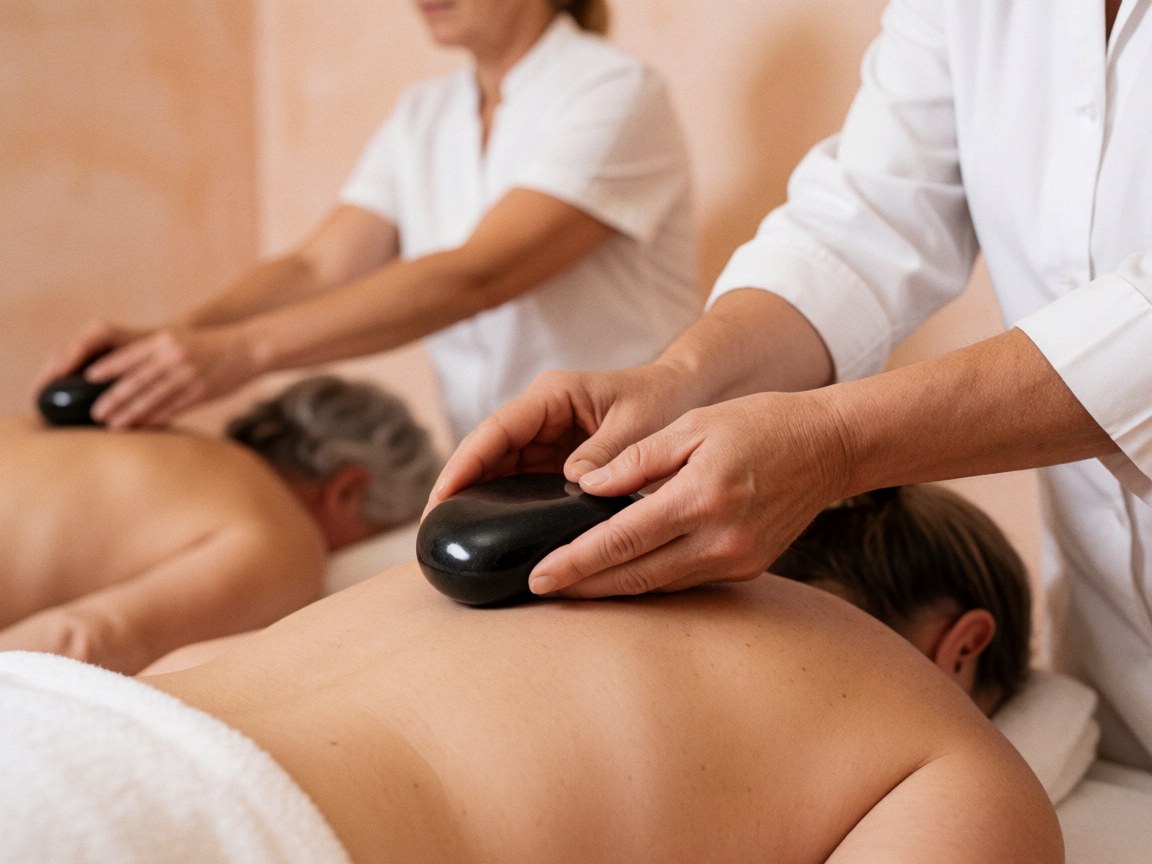 Therapist applying hot basalt stones to a client's back during a relaxing spa treatment with terracotta walls in the background