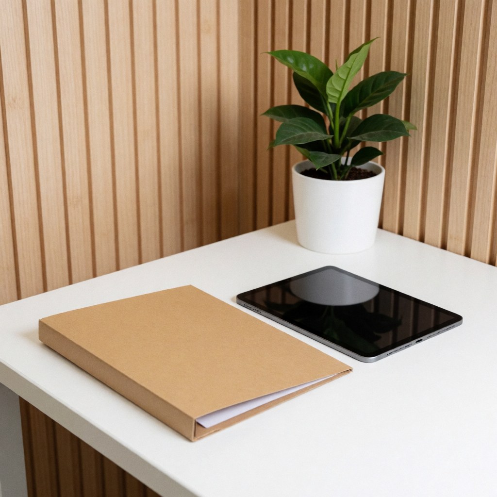 White desk with brown folder, digital tablet, and potted plant against wood wall for nutrition planning