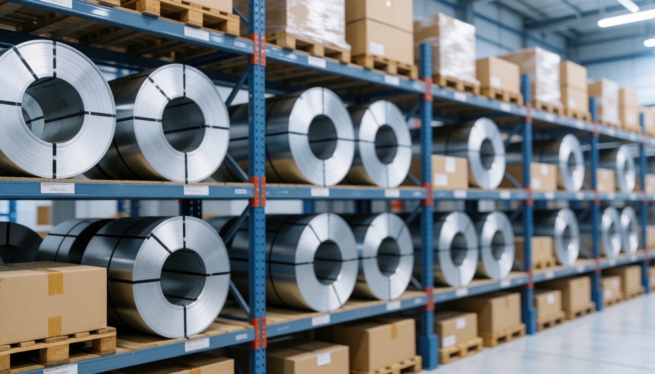 A view of an industrial warehouse interior featuring stacked metal rolls, cardboard boxes, and wooden pallets used for manufacturing storage and logistics.