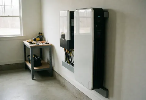 Solar battery and inverter mounted on a garage wall with tools on a workbench and natural light from a window.