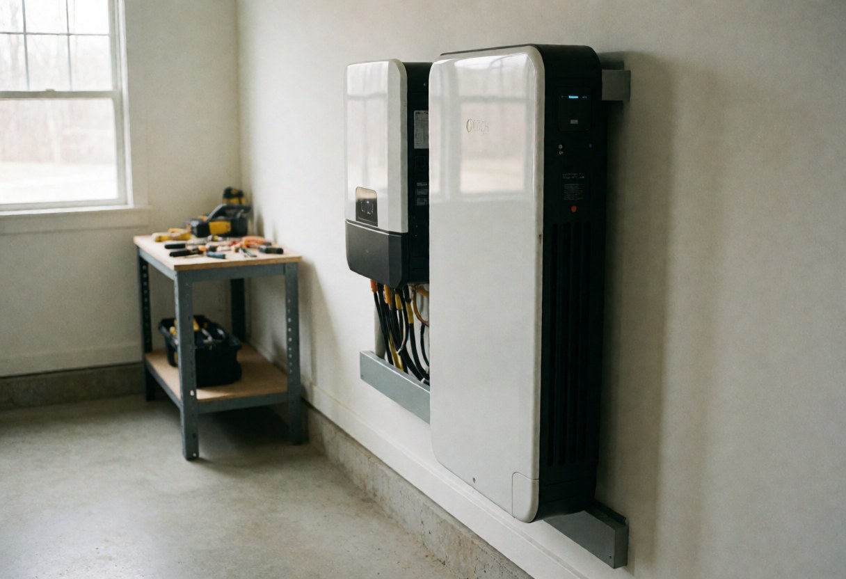 Solar battery and inverter mounted on a garage wall with tools on a workbench and natural light from a window.
