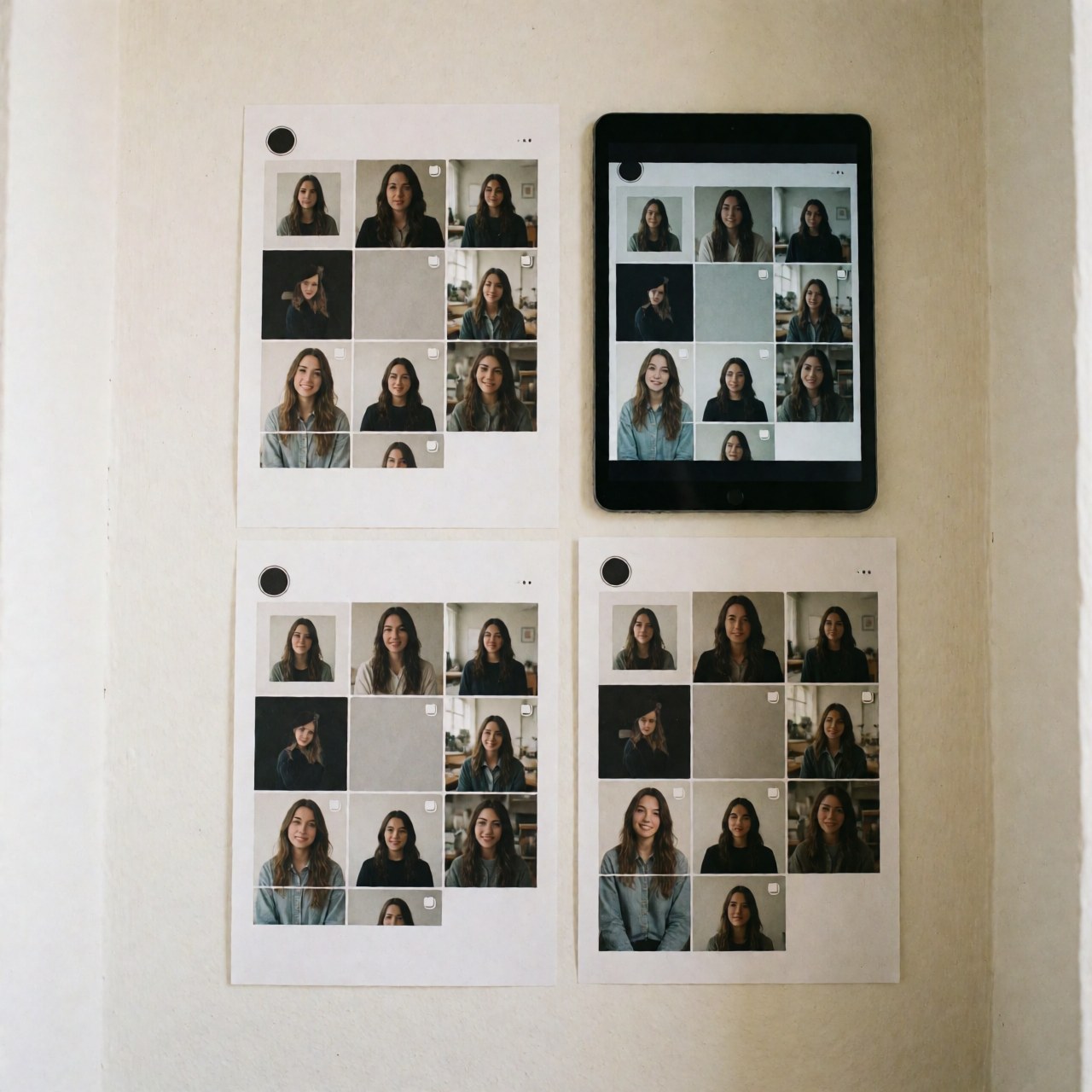 Tablet displaying social media images alongside printed profile and cover sheets on a white wall with natural light