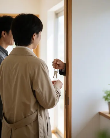 A happy client in a beige jacket receives house keys from a real estate agent in a bright hallway, symbolizing a successful property transaction.