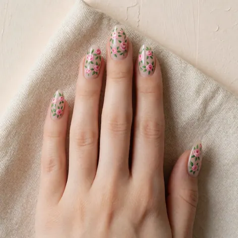 Close-up of manicured nails featuring hand-painted roses and leaves, displayed on a soft beige linen fabric with natural lighting for beauty product display