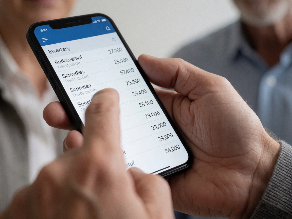 Hands holding a smartphone displaying a detailed inventory list, ideal for software and startup business management with a blurred background.