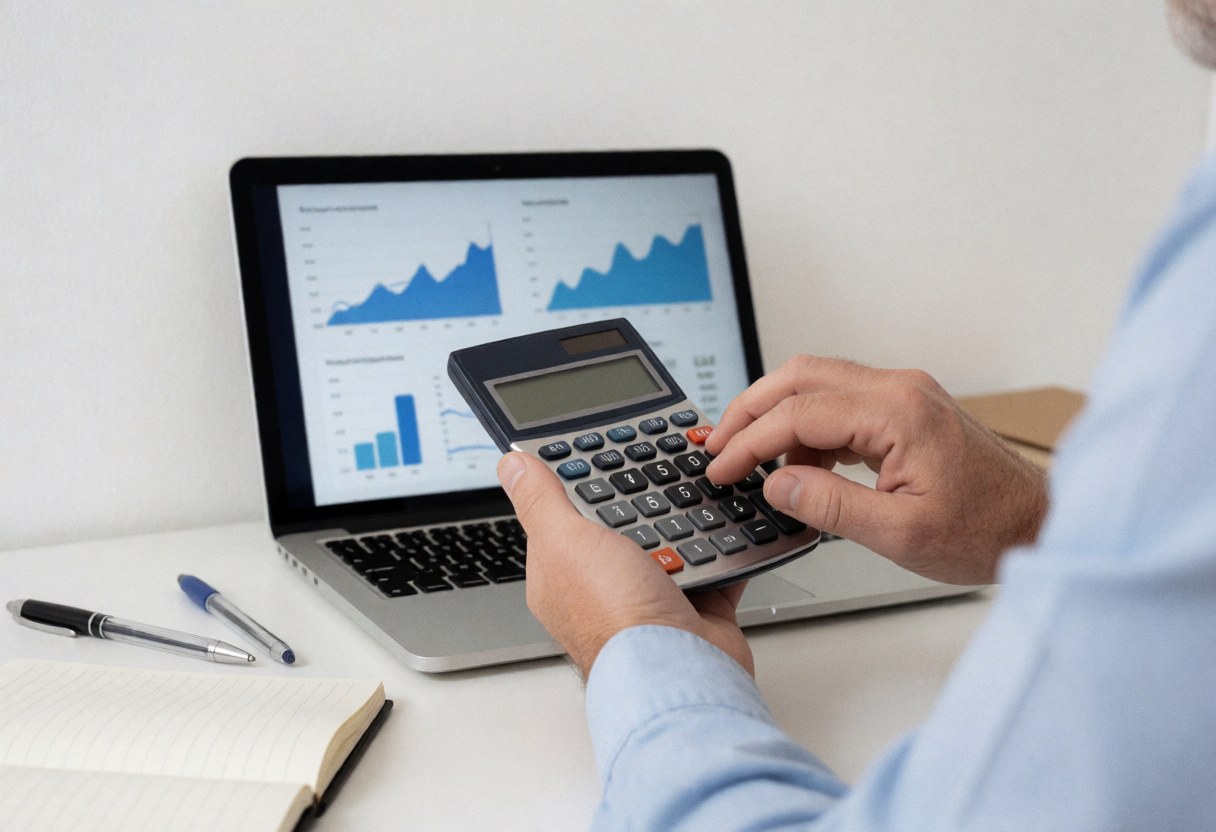 Business consultant checks numbers on a calculator while working on a laptop with financial charts on a clean desk with a notebook and pens.
