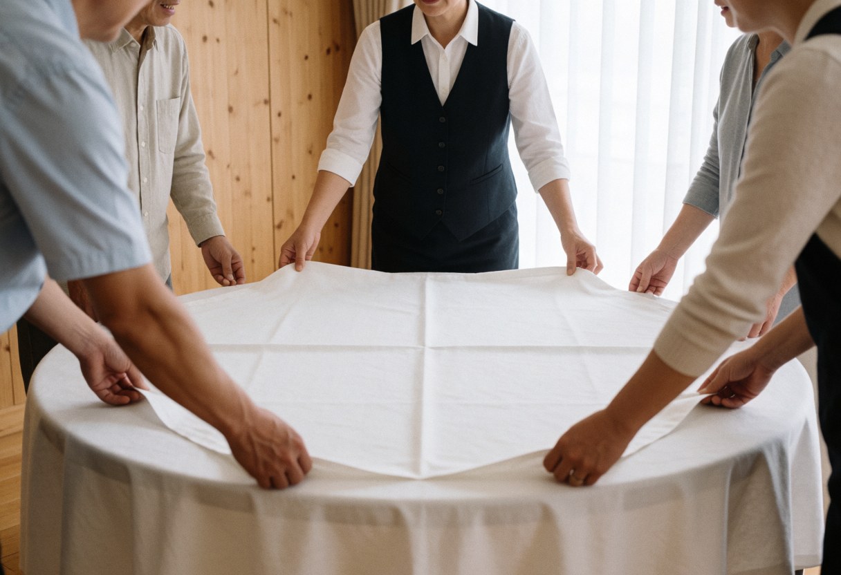 Close-up of hands smoothing a white tablecloth on a round table in a room with wooden walls and natural light, preparing for an event or wedding.