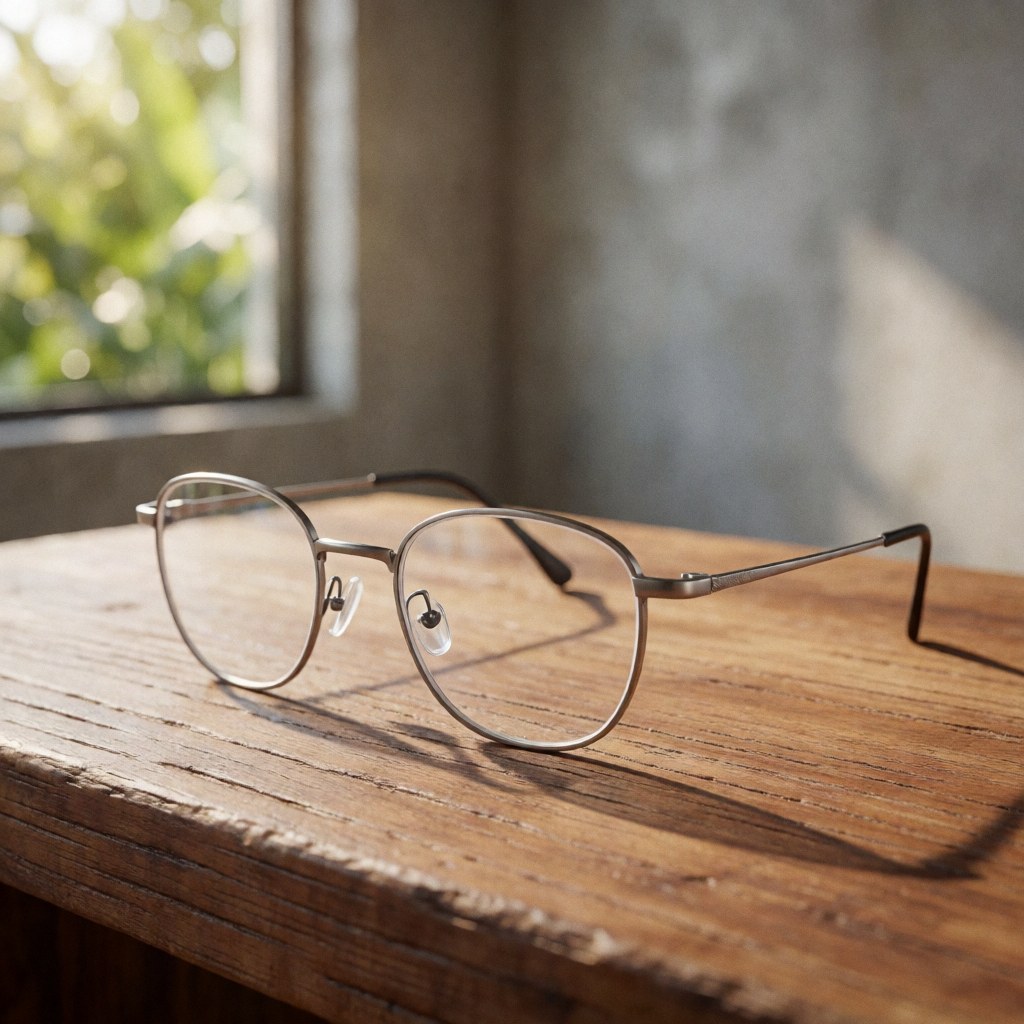 Lightweight titanium glasses resting on textured wood with natural light, concrete wall, and green foliage background for optical product display