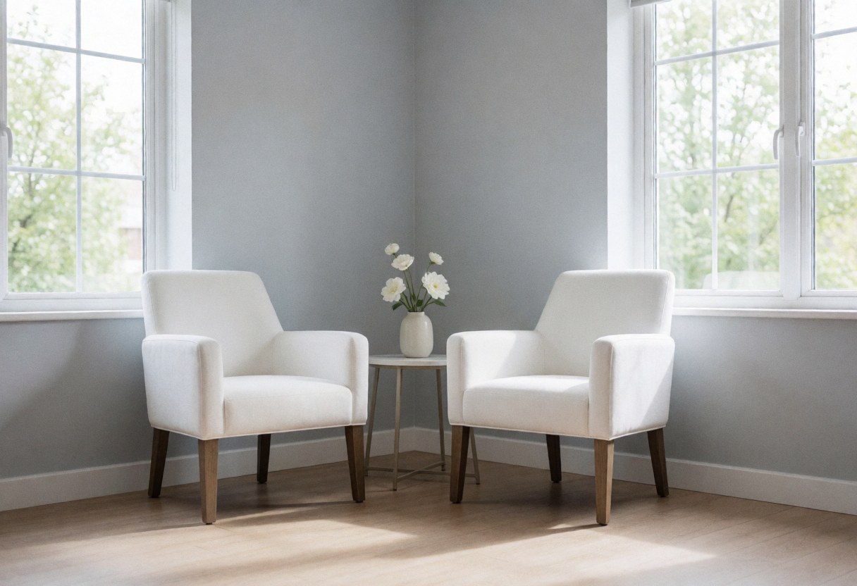 Empty treatment room featuring two white chairs, a table with flowers, large windows, gray walls, and light wood flooring.
