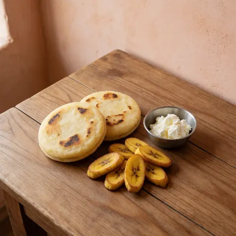 Golden arepas served with fried plantains and cheese on a wooden table against a terracotta wall, showcasing traditional South American cuisine.