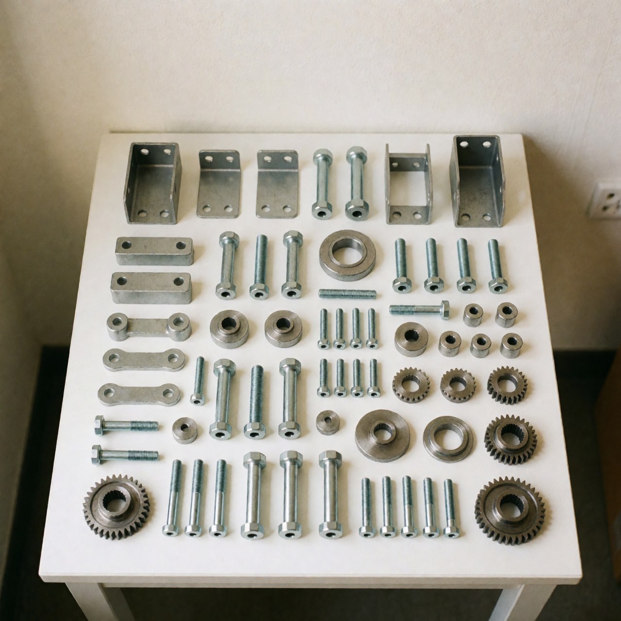 Close-up view of finished metal components, brackets, screws, and gears arranged in an orderly fashion on a clean white surface for industrial manufacturing catalog.