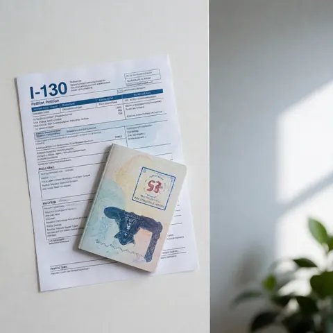 I-130 petition form and passport with visa resting on a white desk surface with natural lighting, suitable for immigration law firm marketing materials
