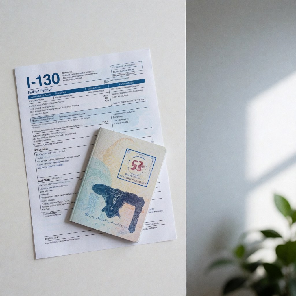 I-130 petition form and passport with visa resting on a white desk surface with natural lighting, suitable for immigration law firm marketing materials