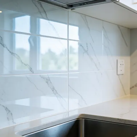 Close-up view of modern white ceramic tiles with a glossy finish, reflecting light, suitable for kitchen countertops and bathroom renovations in construction projects