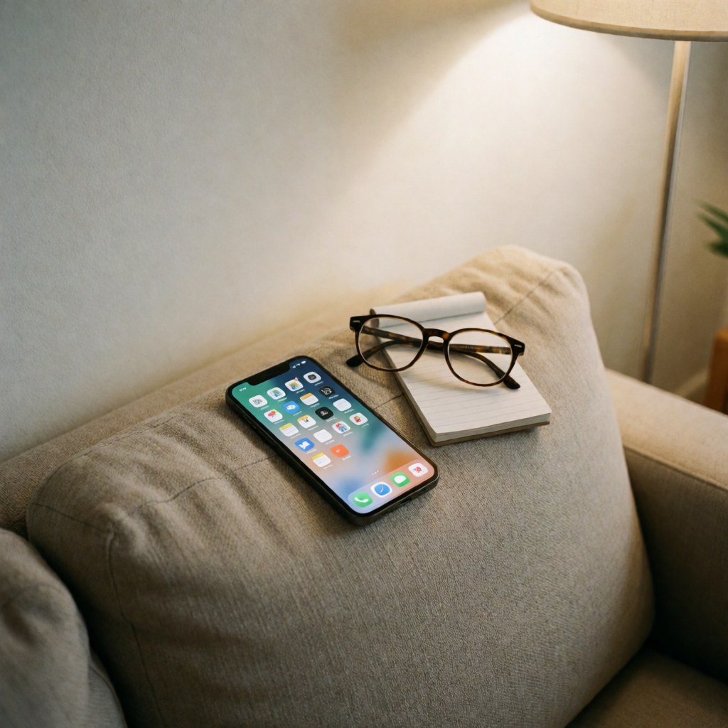 A comfortable home office corner featuring a smartphone, eyeglasses, and a notebook on a sofa, creating a cozy atmosphere for language learning.