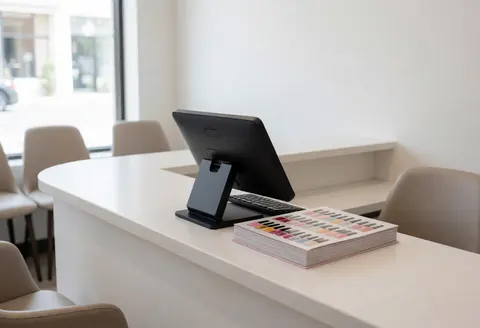 Clean and organized nail salon reception featuring a POS system, nail polish catalog, and waiting chairs illuminated by natural light from a window.