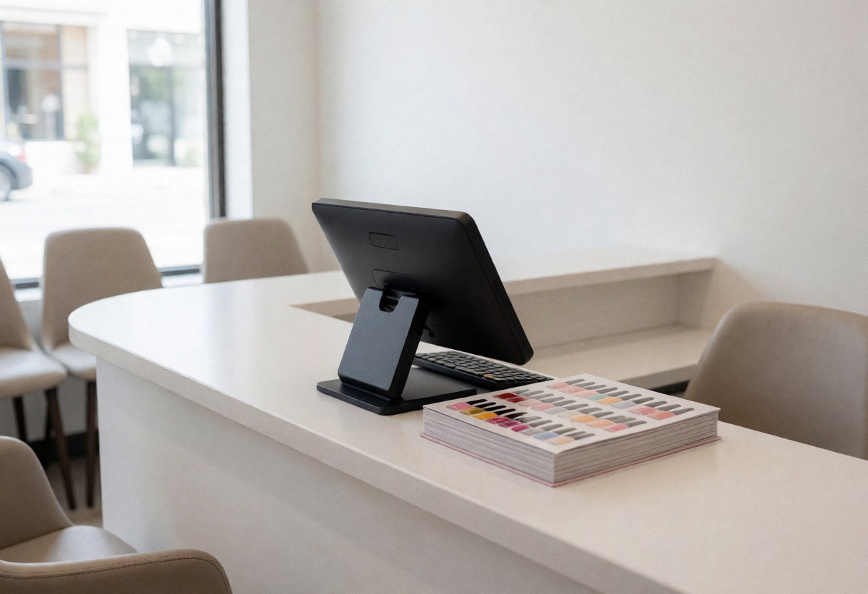 Clean and organized nail salon reception featuring a POS system, nail polish catalog, and waiting chairs illuminated by natural light from a window.