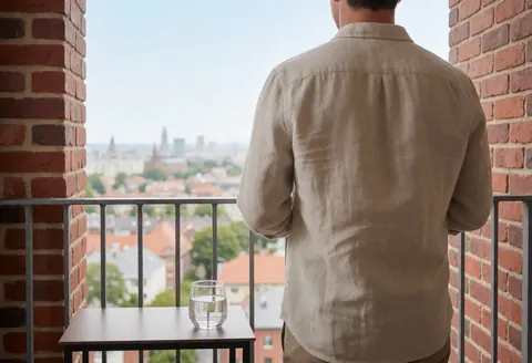 A man stands on a brick hotel balcony with a glass of water on a small table, enjoying a calm panoramic city view.
