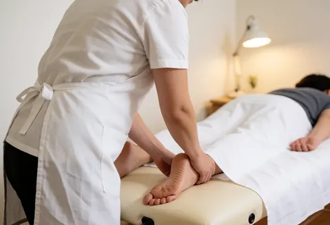 Therapist applying massage to client's foot in a calm spa setting with warm lighting and white walls