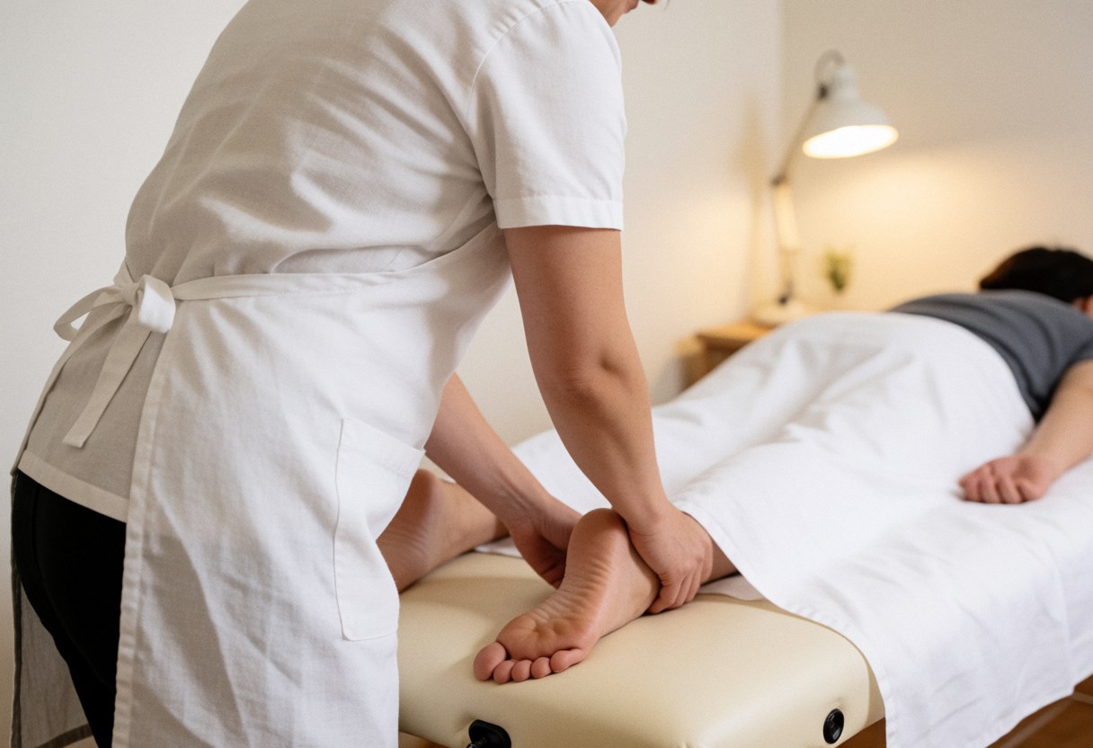 Therapist applying massage to client's foot in a calm spa setting with warm lighting and white walls
