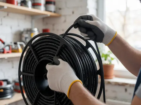 A close-up view of a thick black electrical cable wound on a reel, held by gloved hands, suitable for hardware store details and installation projects.