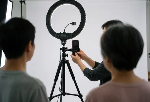Professional photographer adjusts a ring light on a tripod in a white background studio while two people watch from behind.