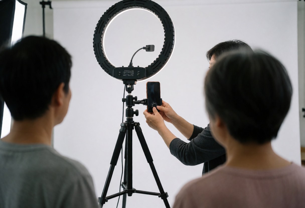 Professional photographer adjusts a ring light on a tripod in a white background studio while two people watch from behind.