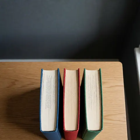 A top-down view of a curated collection of bilingual books arranged on a wooden surface against a gray wall, ideal for bookstore product displays.