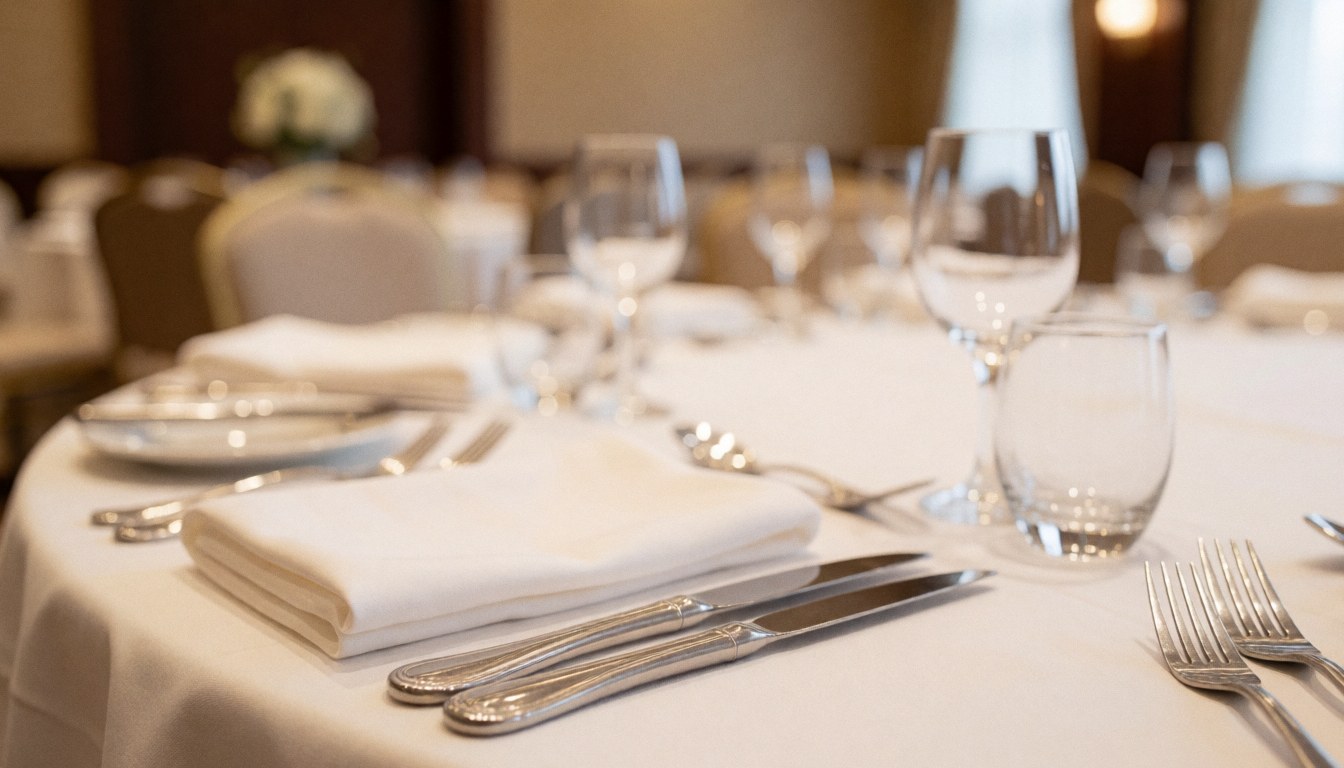 Close-up of an elegant catering table setting featuring white linens, silver cutlery, and glasses on a blurred background.