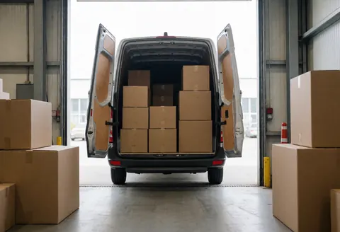 A concrete loading dock area with stacked wooden and cardboard boxes ready for furniture delivery and logistics