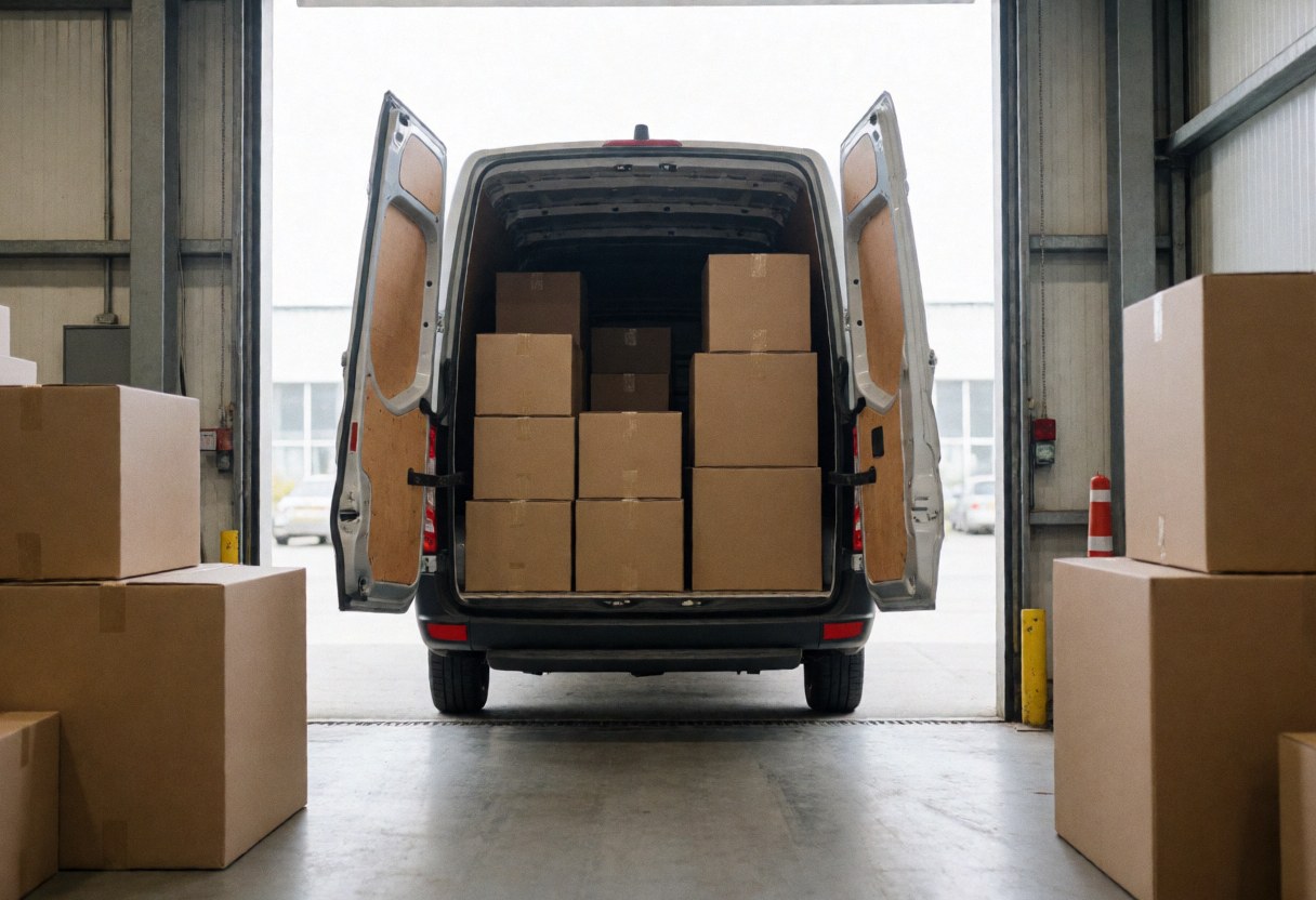 A concrete loading dock area with stacked wooden and cardboard boxes ready for furniture delivery and logistics