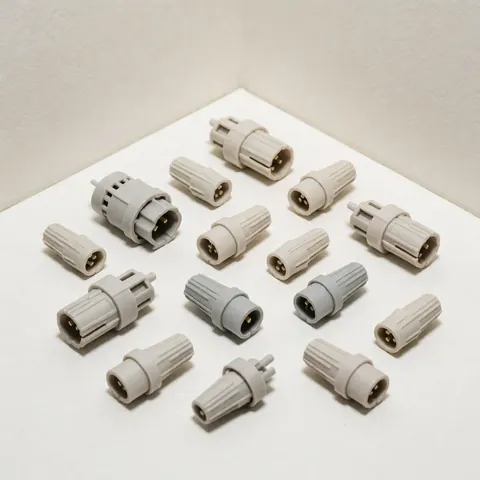 Several neutral plastic electrical connectors and wiring arranged on a white surface, ideal for construction and residential electrical projects.