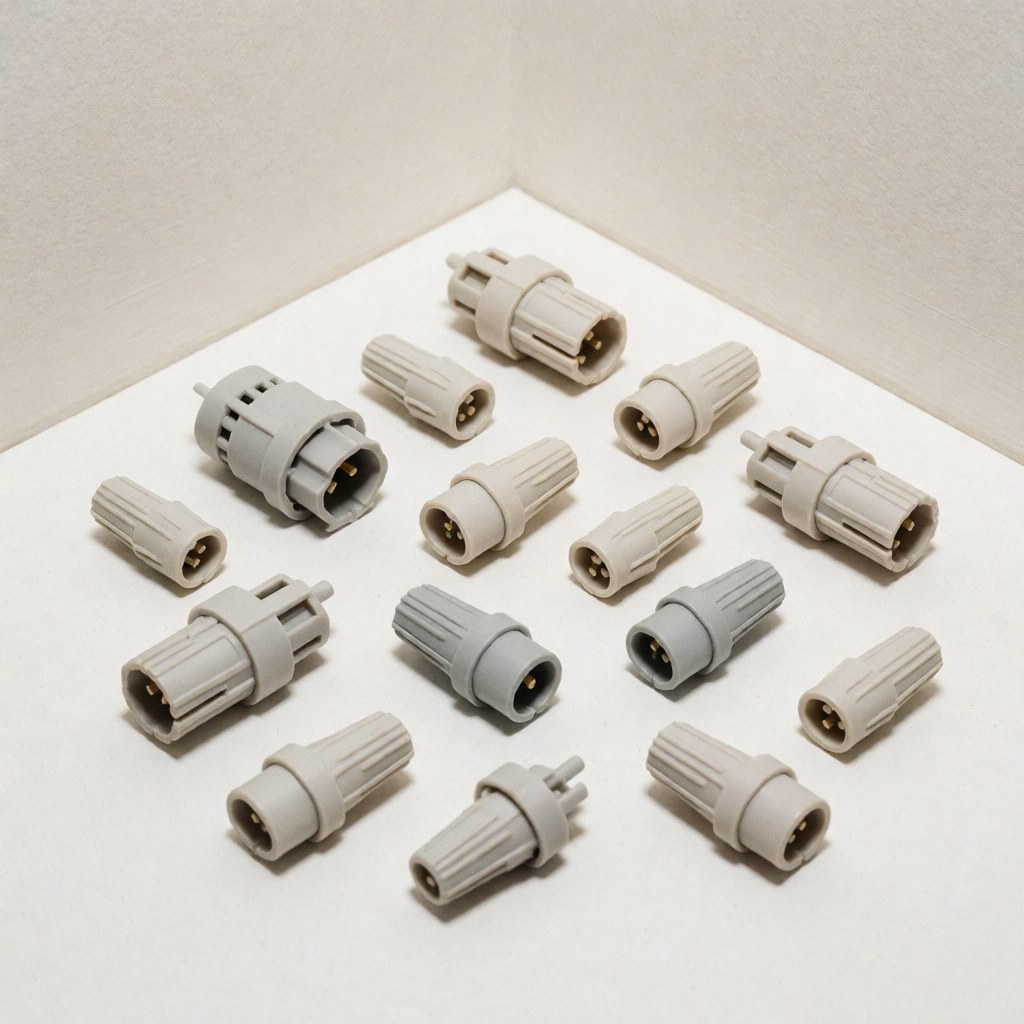 Several neutral plastic electrical connectors and wiring arranged on a white surface, ideal for construction and residential electrical projects.