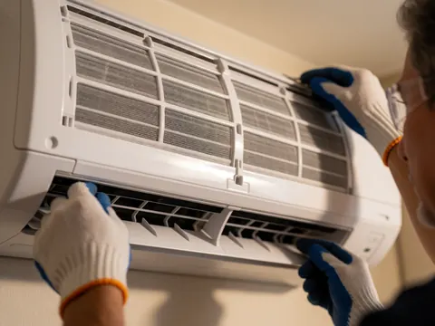 Technician wearing gloves and safety glasses cleaning a white air conditioner filter in a room with warm lighting and a blurred background