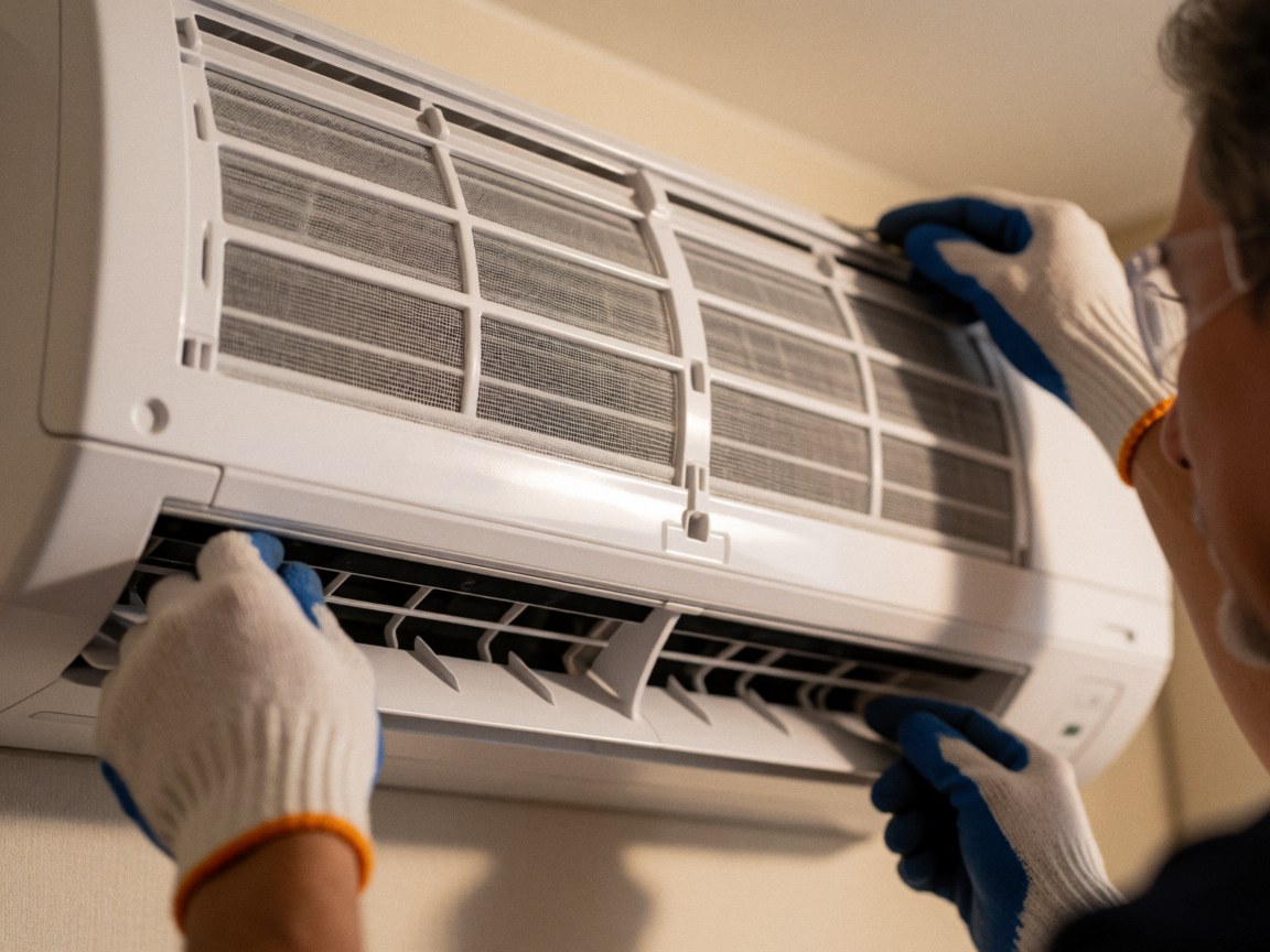 Technician wearing gloves and safety glasses cleaning a white air conditioner filter in a room with warm lighting and a blurred background