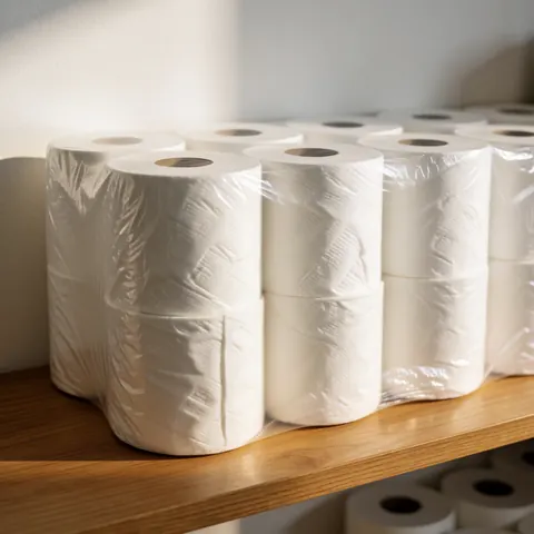 White toilet paper packages stacked neatly on a retail shelf in a grocery store or minimarket setting
