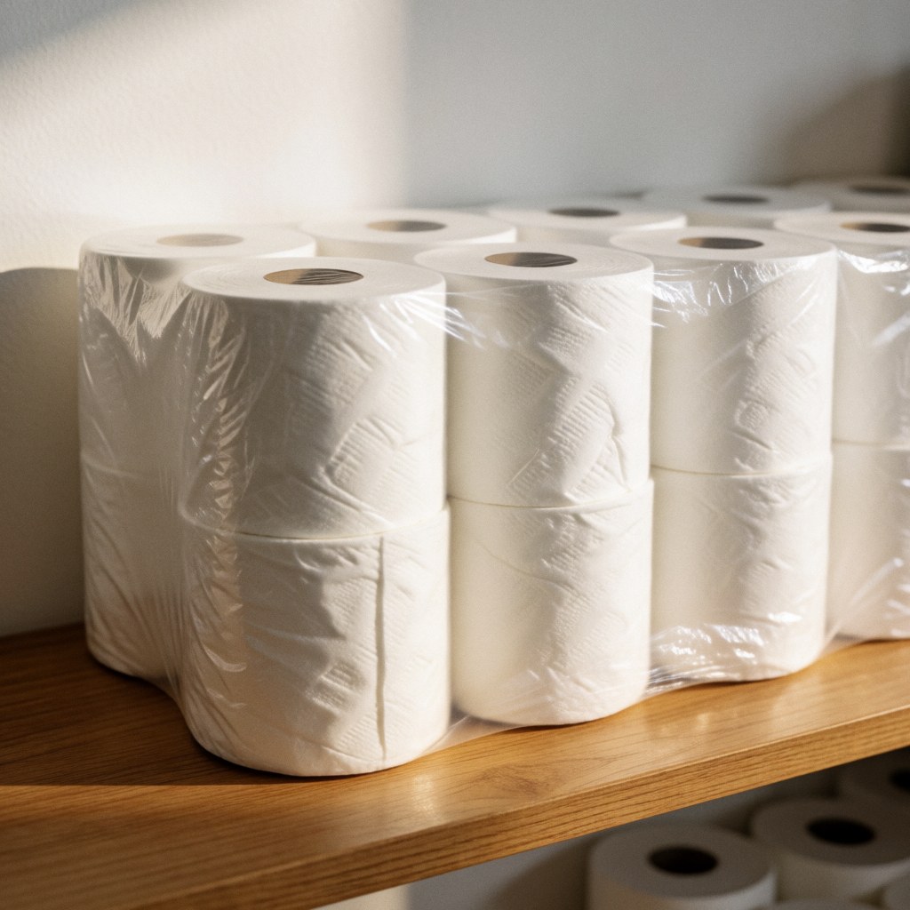 White toilet paper packages stacked neatly on a retail shelf in a grocery store or minimarket setting