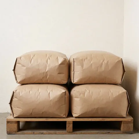 Multiple white paper bags of construction cement stacked neatly on a wooden pallet in a warehouse setting