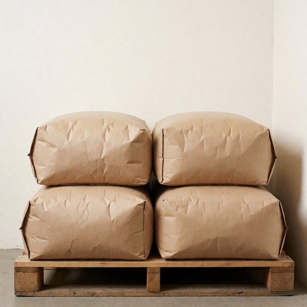 Multiple white paper bags of construction cement stacked neatly on a wooden pallet in a warehouse setting