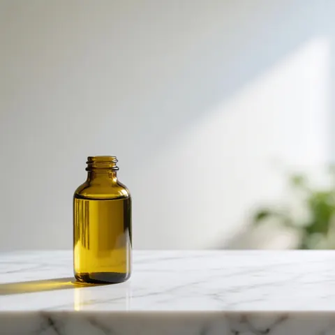 Amber avocado oil bottle placed on a white marble countertop with natural light and a minimalist background
