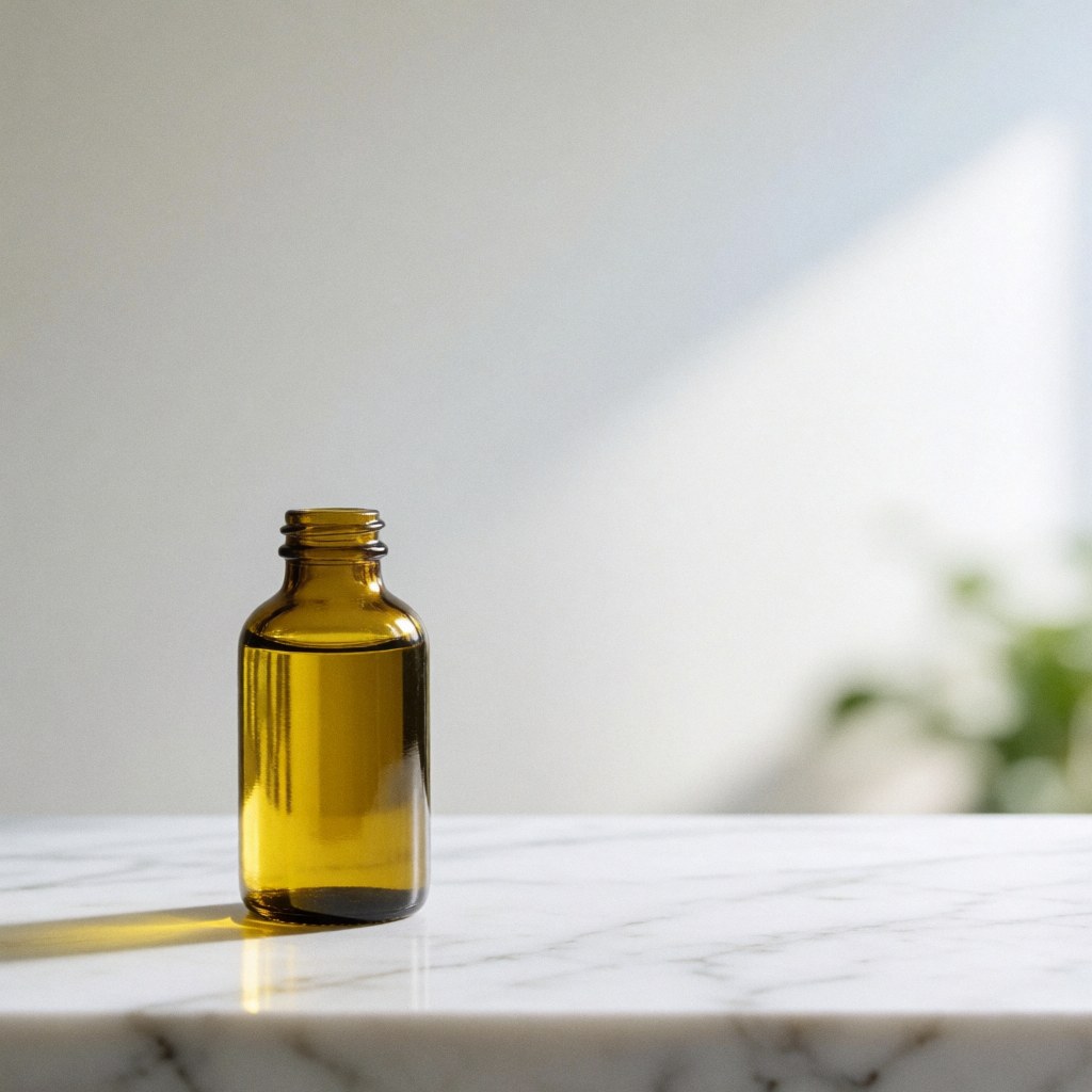 Amber avocado oil bottle placed on a white marble countertop with natural light and a minimalist background