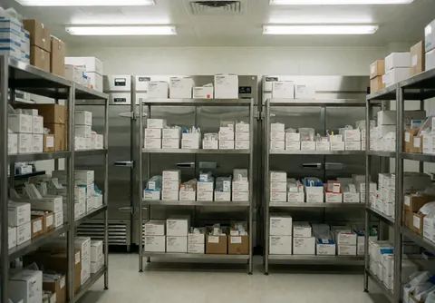 Neatly arranged shelves in a clean medical supply room holding boxes of reagents and clinical materials