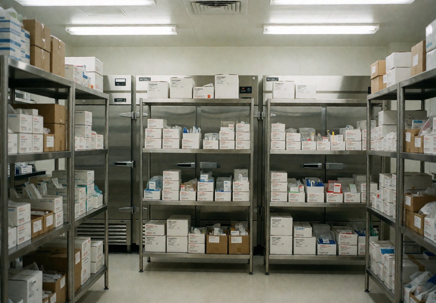 Neatly arranged shelves in a clean medical supply room holding boxes of reagents and clinical materials