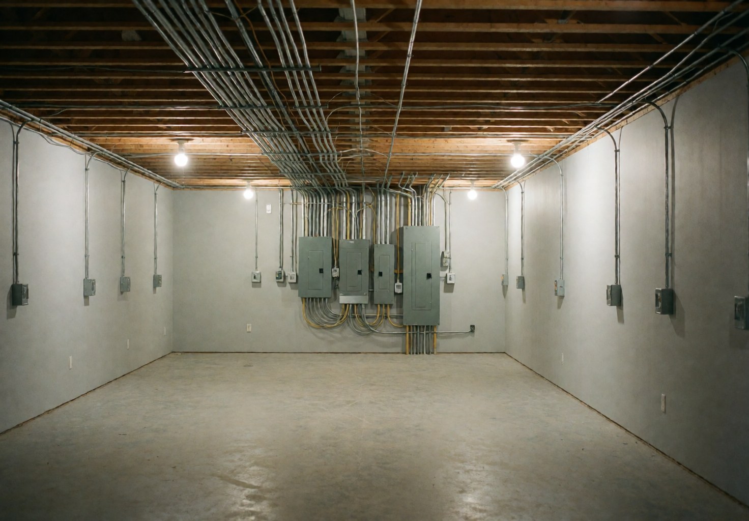 Empty commercial storefront with exposed wooden ceiling, visible electrical wiring, and a distribution panel ready for professional electrical setup.